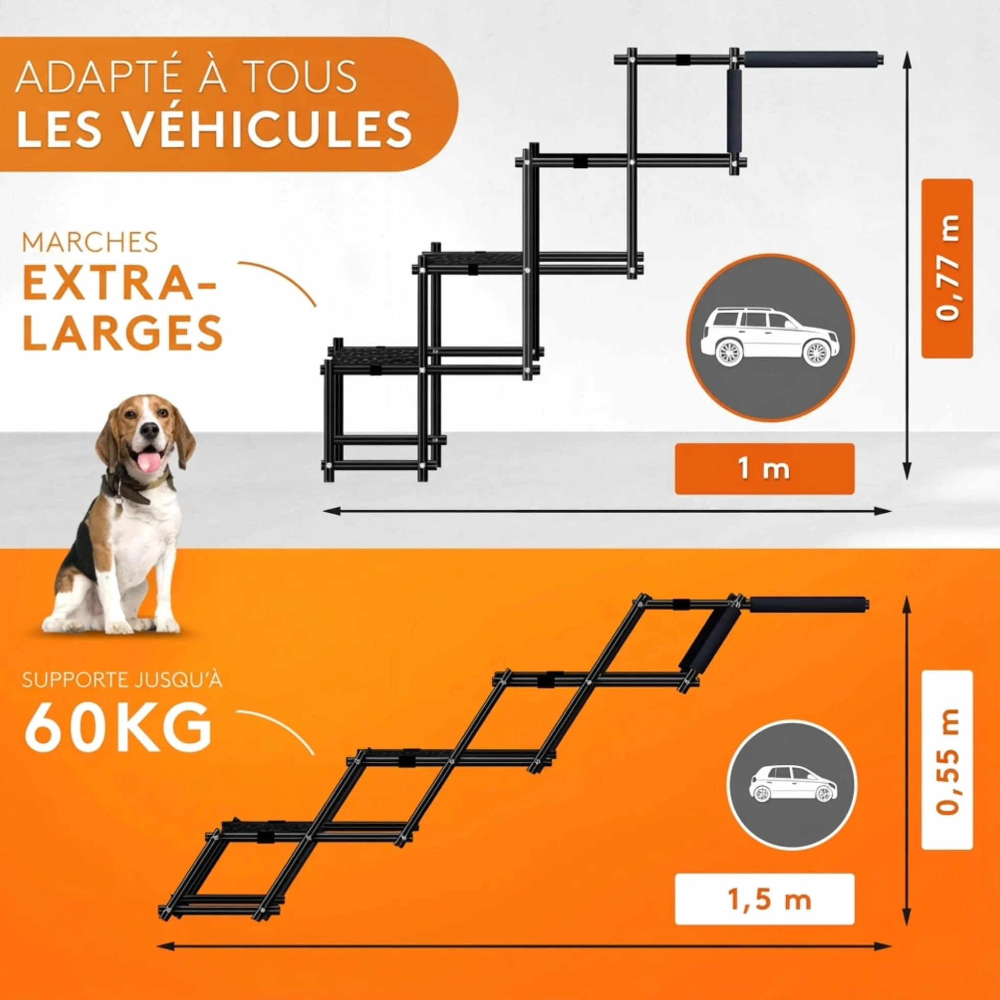 Escalier pour chien jusqu'à 60 kg – Rampe pliable pour chien – Rampe de voiture pour petits et grands chiens – Aide à l'entrée de la voiture – Rampe pour chien adaptée à toutes les voitures –