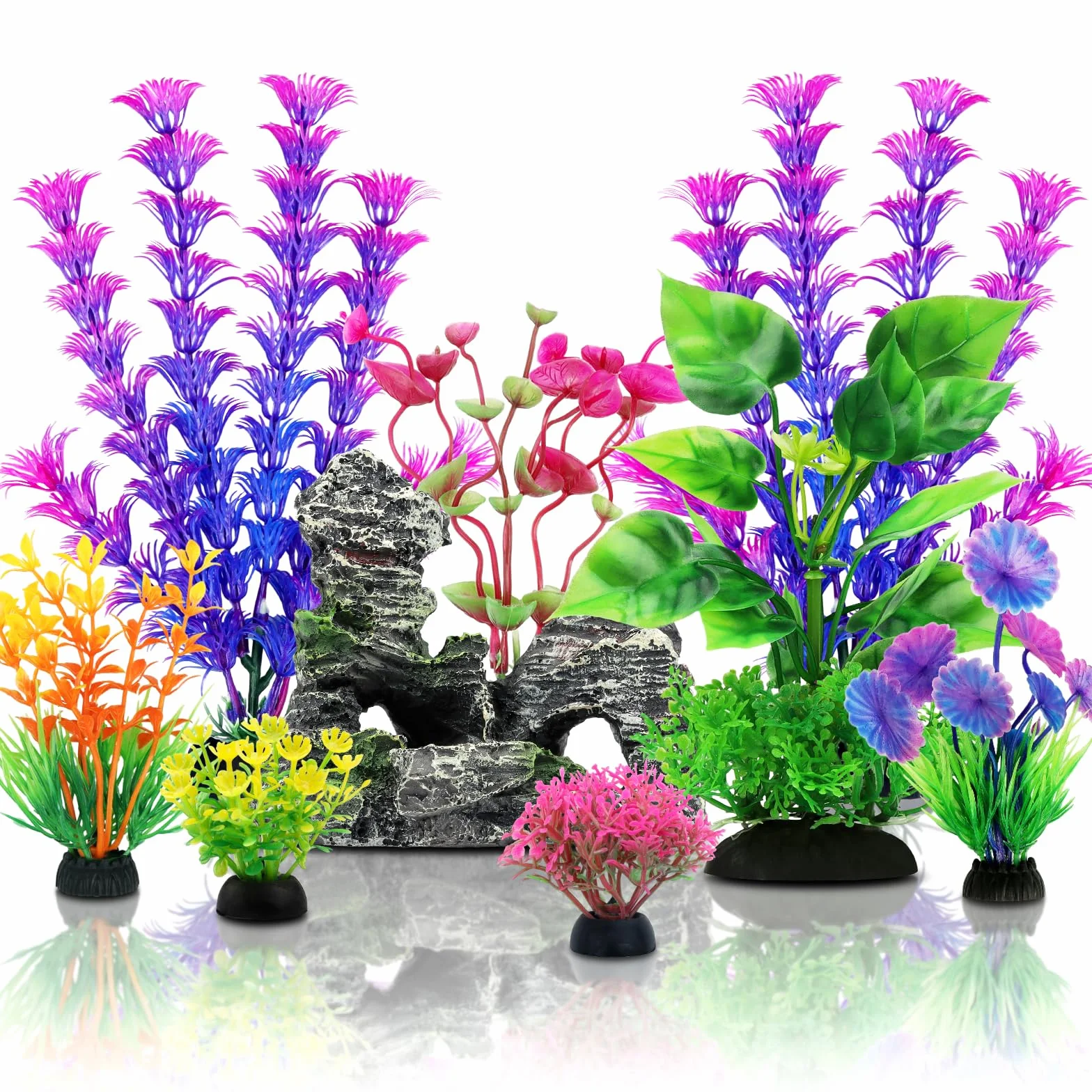 QUOZUO Plantes d'Aquarium Artificielle avec Rocher Polyrésine Grotte Ornement 9 Pièces