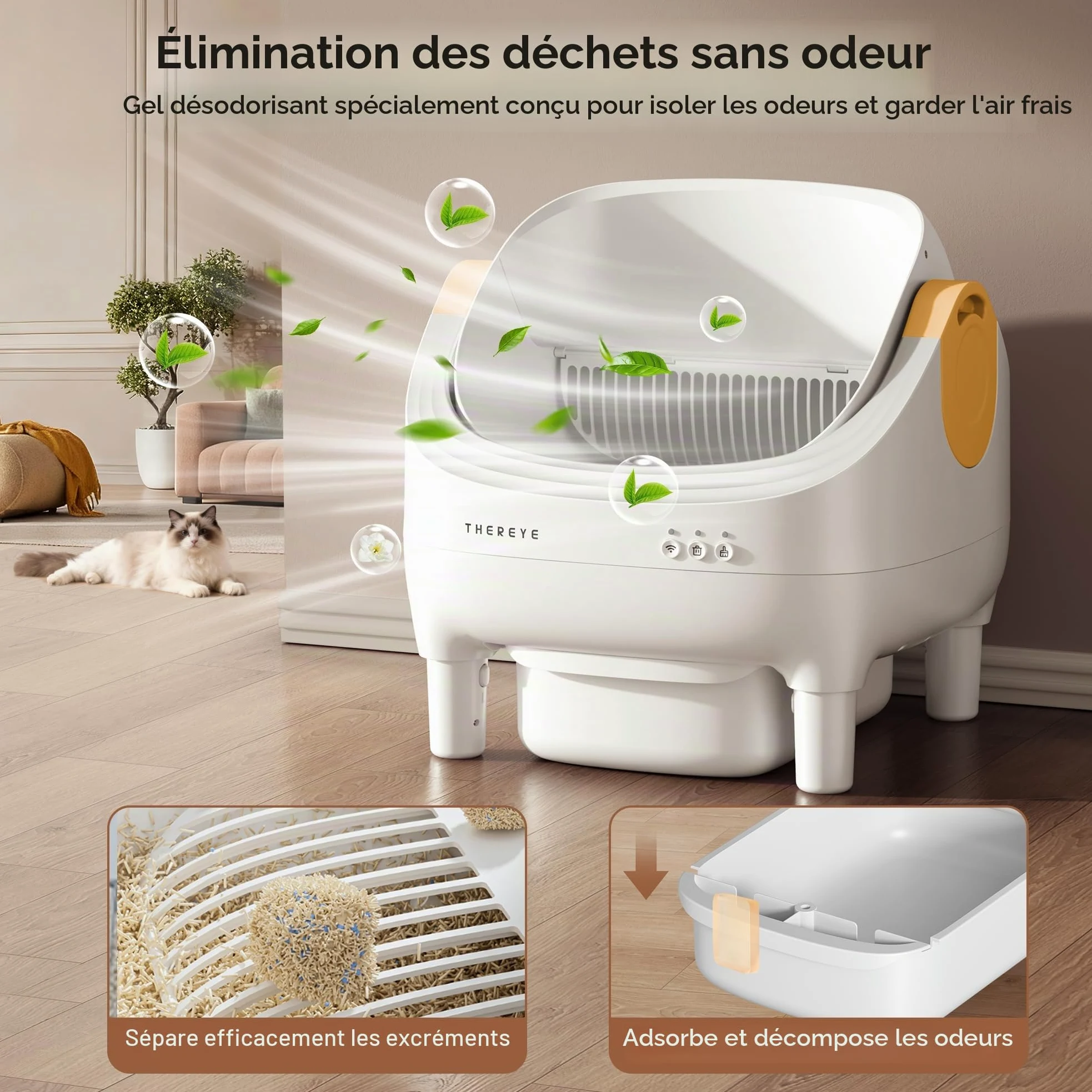 Thereye Litiere Autonettoyante App & Anti-Pincement | Litiere chat automatique capteurs securite, ouverture silencieuse, anti-odeur, compatible 1.5-12.5kg, triple anti-pincement.