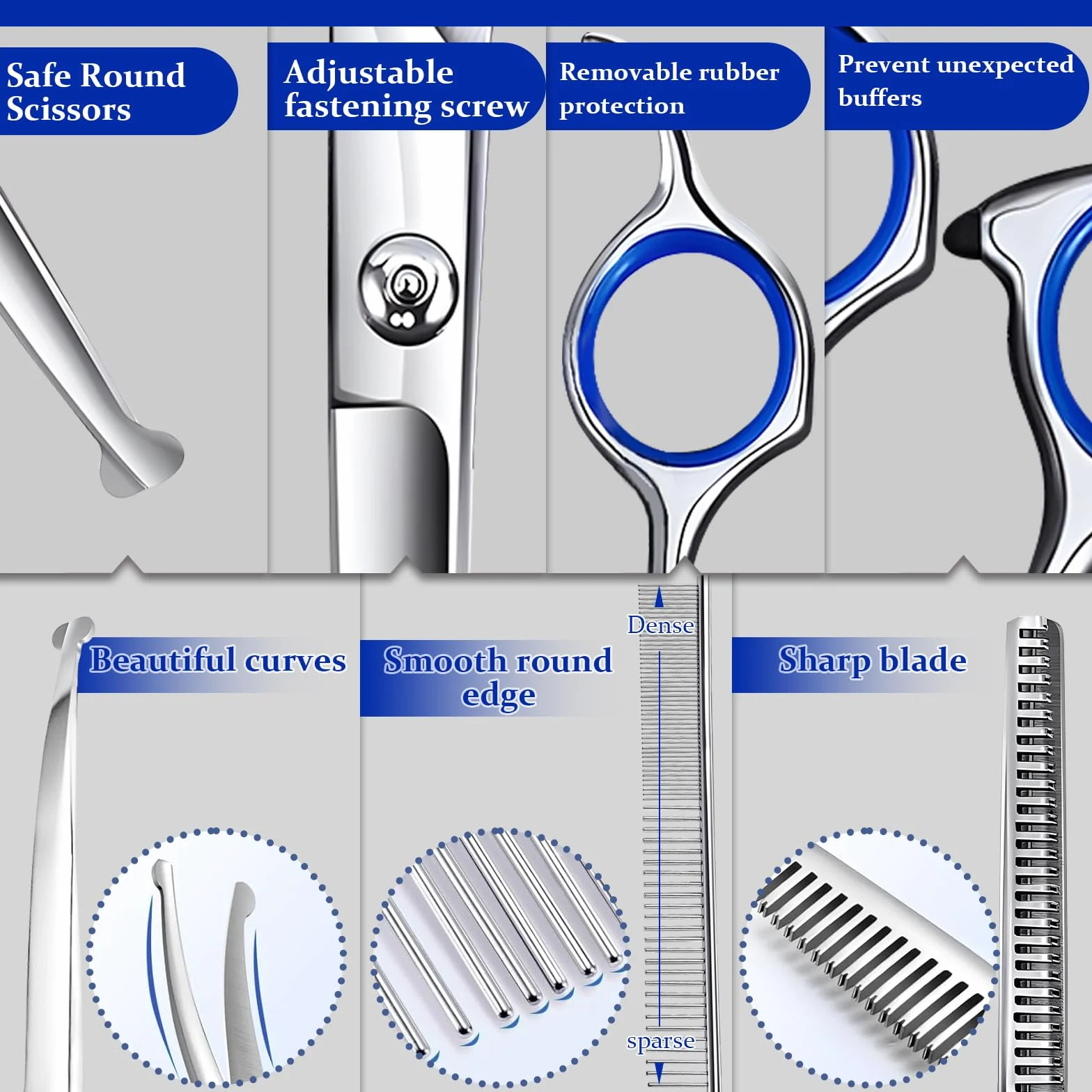Ciseaux de Toilettage pour Chiens, Acier Inoxydable avec Pointe Ronde de Sécurité, y Ciseaux à Effiler Chien, Ciseaux Courbes Chien, Ciseaux Droits, Peigne, pour Chiens Chats