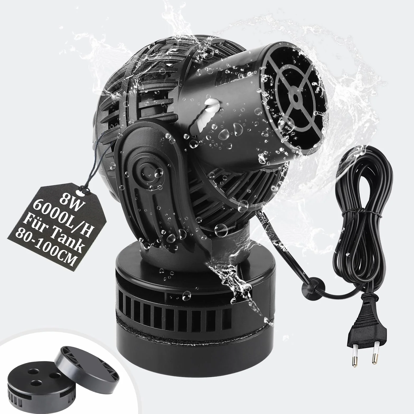 EXLECO Pompe de Brassage Wavemaker 6000L/H 8W 80~100cm 360° Rotative pour Aquariums Eau Douce et Salée avec Magnet Noir